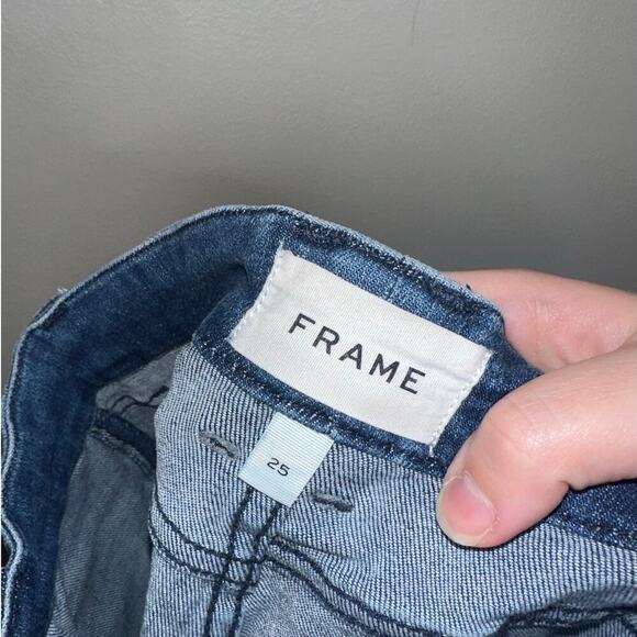 FRAME Le High Straight Trapunto Aurora Patch Pocket Jeans Raw Hem Size 25 - Picture 4 of 8